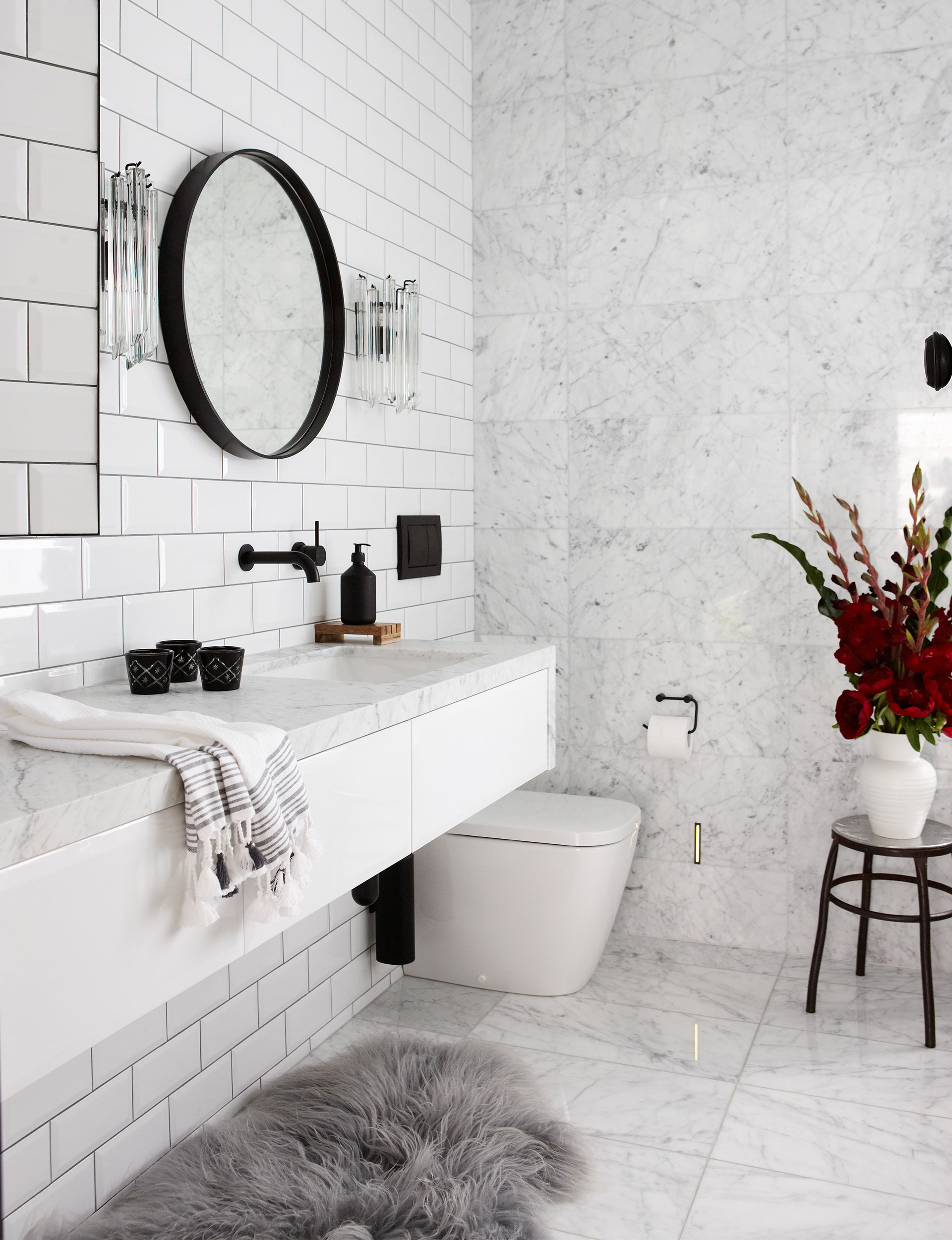 white tiles, marble bathroom