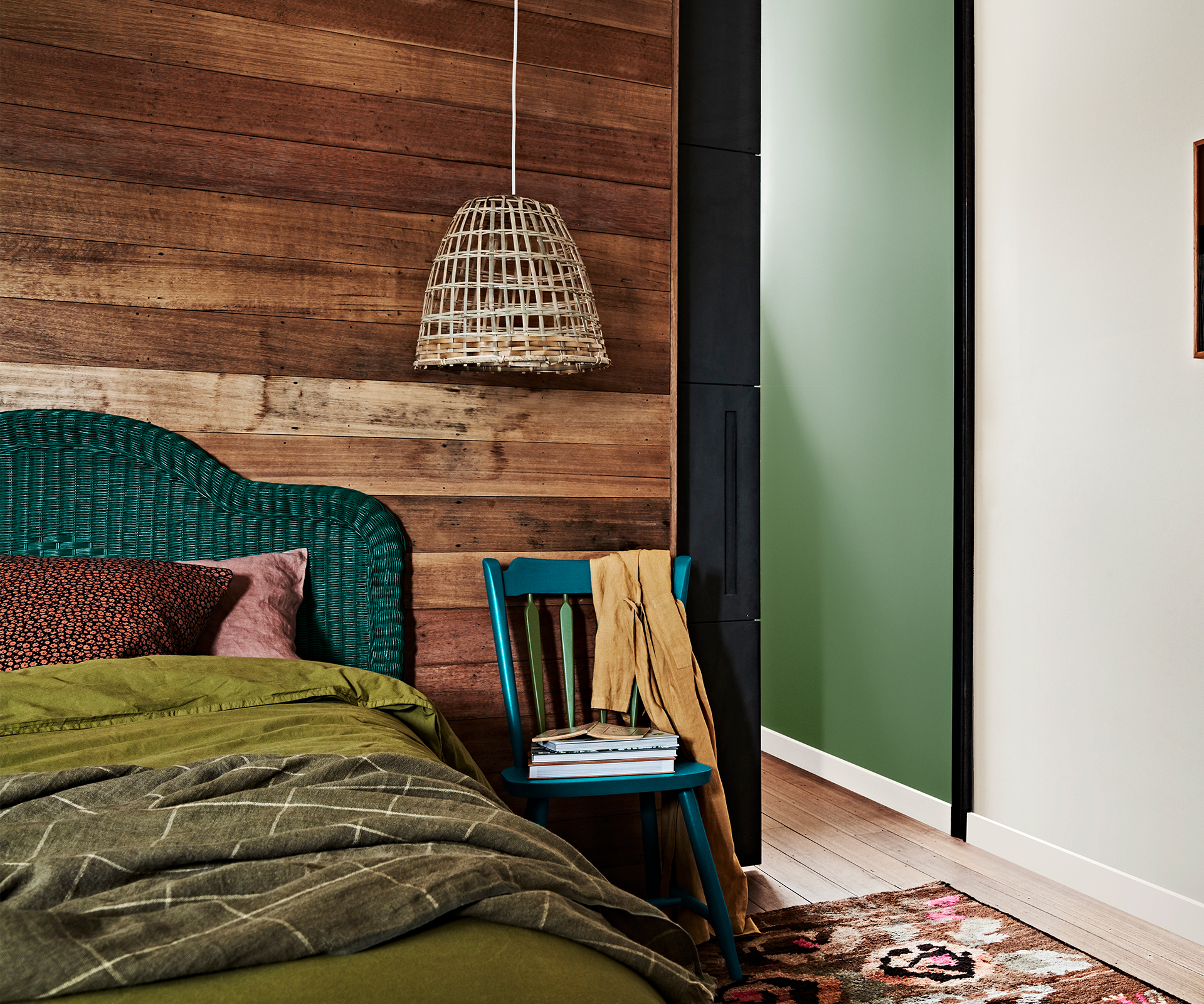 Green bedding, timber feature wall, Dulux Repair palette
