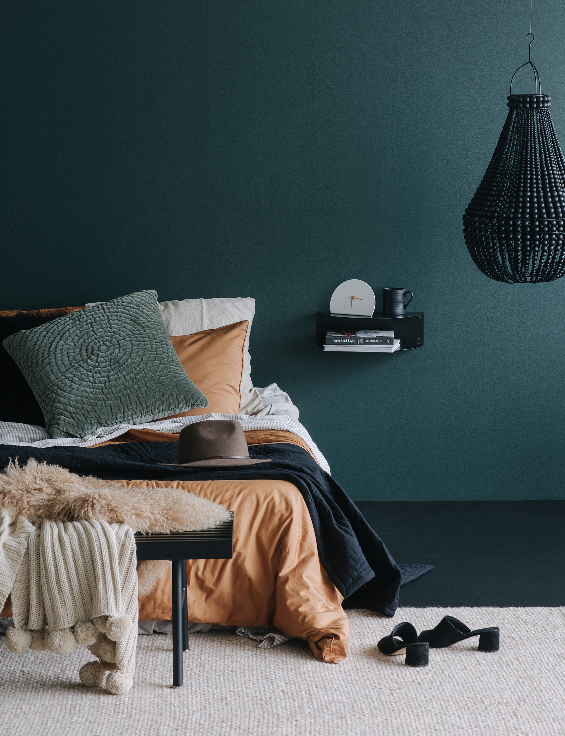 How to paint your floors, dark green bedroom