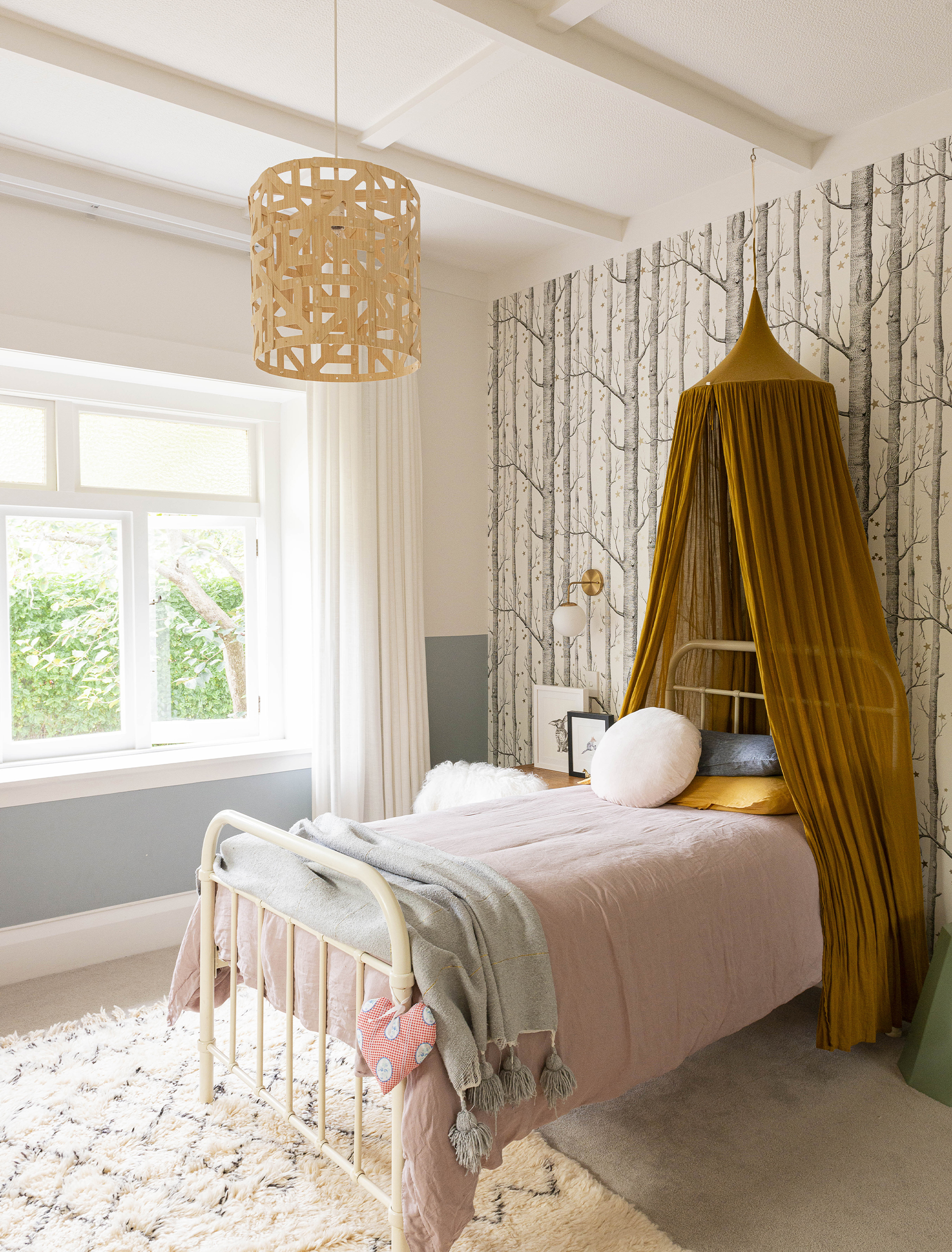transitional villa, wallpaper bedroom